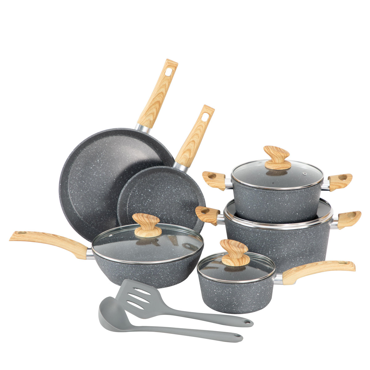 12 Piece Granite Black Nonstick kitchen Cookware Induction Pots and Pans Set